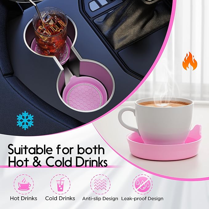 Amooca Car Cup Coaster Universal Non-Slip Cup Holders Bling Crystal Rhinestone Car Interior Accessories 4 Pack Pink