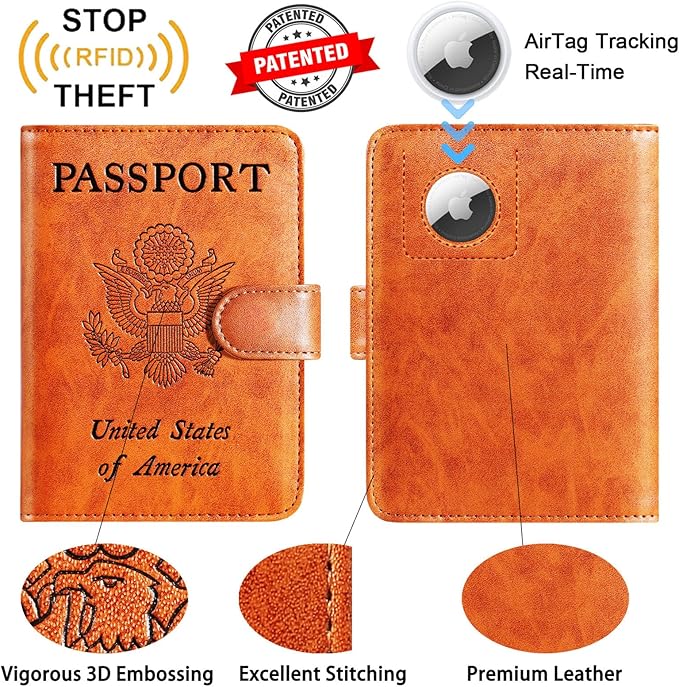 Airtag Passport Holder Cover Wallet RFID Blocking Leather Case Travel Essentials Luggage Accessories Travel Must Have(118#Claybank)
