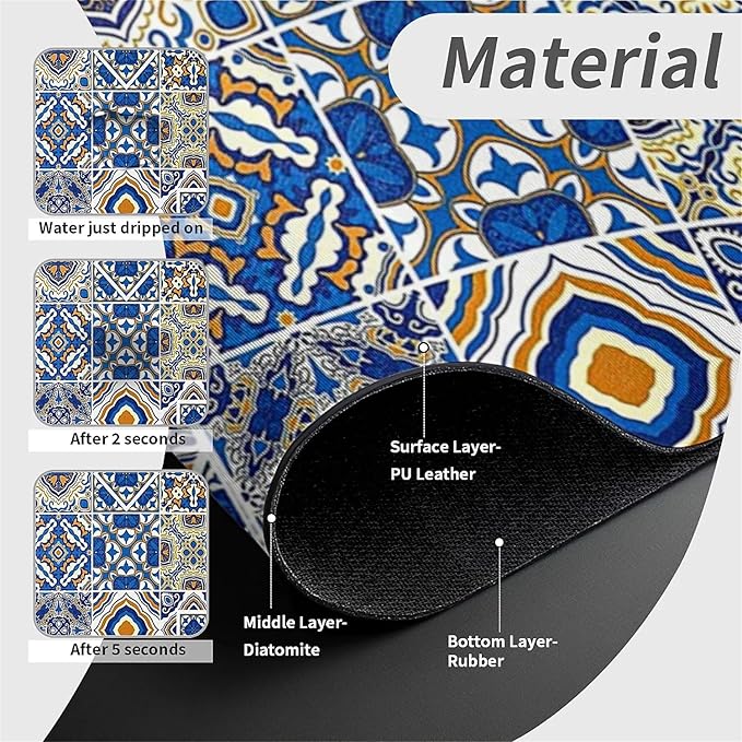 Kitchen Sink Splash Guard，Traditional Moroccan tiles Faucet Mat Sink Gadgets-Super Absorbent Fast Drying Mat Drip Catcher for Kitchen, Bathroom,Sink Mat, Dish Drying Mat, Bathroom(15" X 5.5" )