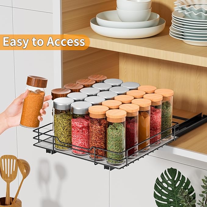 RCHYFEED Pull Out Spice Rack Organizer for Cabinet, Slide out Spice Organization for Inside Cabinets, Heavy Duty Seasoning Organizer Fits Kitchen and Pantry, Sauces, Canned (10.5''Wx10.5''Dx2.5''H)