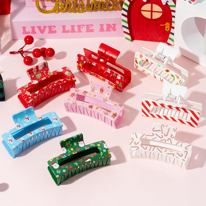 PANTIDE 8Pcs Christmas Hair Claw Clips for Women Girl - Xmas Candy Cane Snowflake Red Green Rectangle Nonslip Banana Hair Clips, Thin Thick Short Long Curly Accessories, Christmas Party Gift