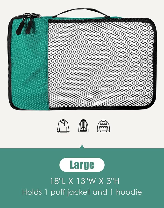 4-Piece Packing Cubes Travel Accessories Set for Suitcases - Luggage Organizer Bags with Double Zipper - Mesh Top - Large - Green