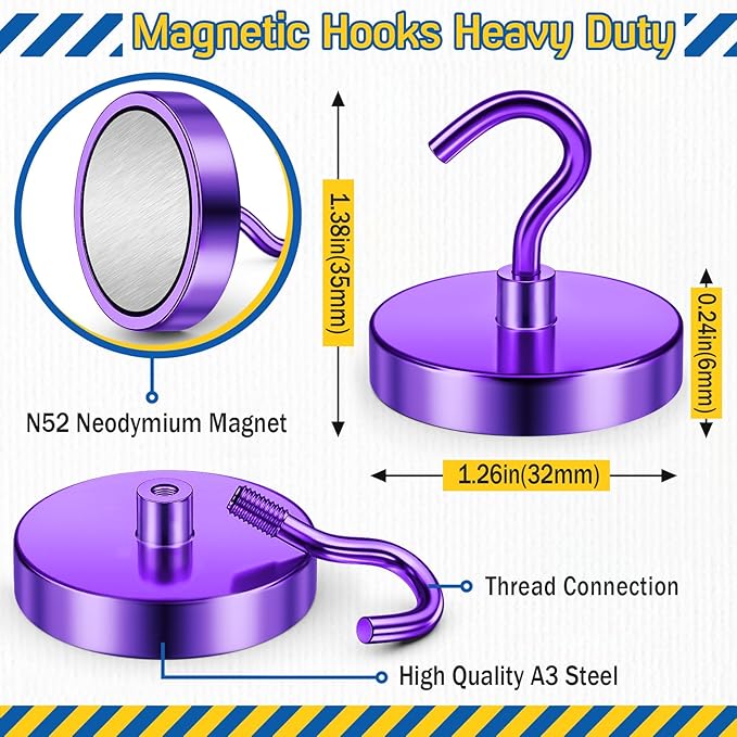 FINDMAG Magnetic Hooks for Cruise Cabins, 110lbs Magnetic Hooks for Classroom, Fridge Magnets, Strong Magnets Heavy Duty for Classroom Decor, Locker Organizer, Camping Essentials, 6 Pack, Purple
