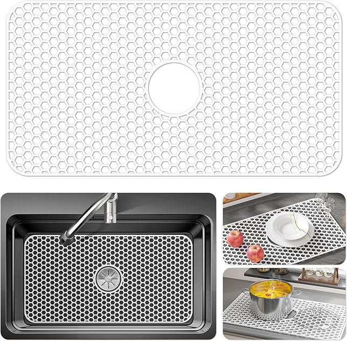 Silicone Sink Protectors for Kitchen Sink with Center Drain - 29.7"x 15.5" Kitchen Protector Accessory, Non-Slip Heat Resistant Mat for Bottom of Farmhouse Stainless Steel Porcelain (White)