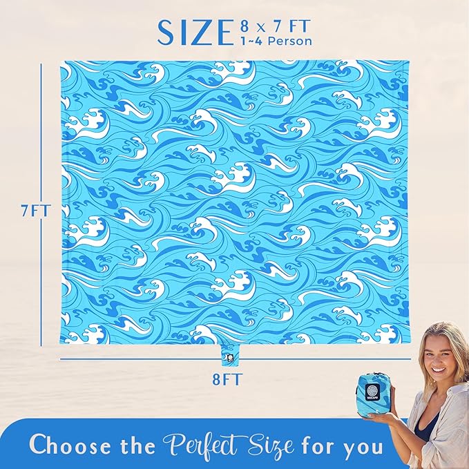 WEKAPO Beach Blanket Waterproof Sandproof Oversized Extra Large Sand Free Beach Mat with Stakes, Storage Bag - Essentials for Outdoor Beach, Picnic (Blue Ocean Waves, 8 X 7 FT (1~4 Person))