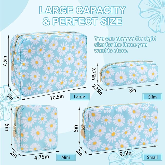 Waterproof Small Floral Makeup Bag Pouch for Purse, Nylon Flower Cosmetic Bag Preppy Travel Toiletry Storage Bag for Women Girls, Cute Makeup Organizer Bag Skincare Bag with Zipper (Small Blue-Daisy)
