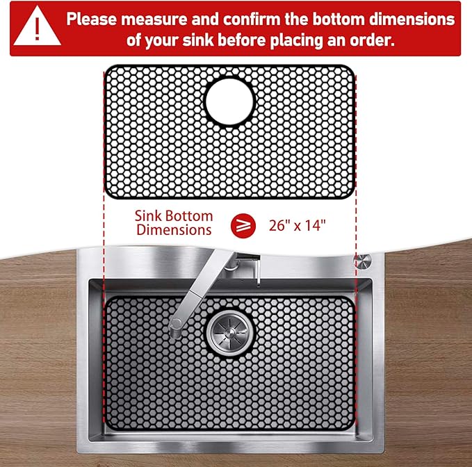 Silicone Sink Protectors for Kitchen Sink with Rear Drain - 26"x 14" Kitchen Protector Accessory, Non-Slip Heat Resistant Grid Mat for Bottom of Farmhouse Stainless Steel (Rear Hole, Black)