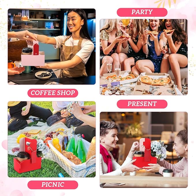 MotiMind 150 Pack Mother's Day 2 Cup Drink Carrier with Handle, Kraft Paperboard Teacher Cup Holder Portable for Hot Cold Drinks, Coffee Carrier Gift with Heart Card Rope (Red,Pink)