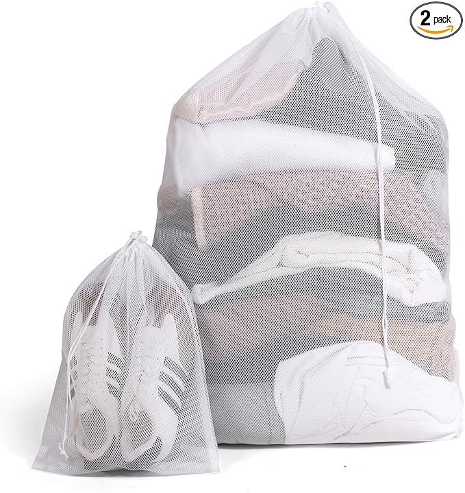 2 Pack Mesh Laundry Bags - Large & Small Heavy Duty Mesh Laundry Bag with Drawstring, Wash Bags for Travel, College, Dorms, Sports, Family, White
