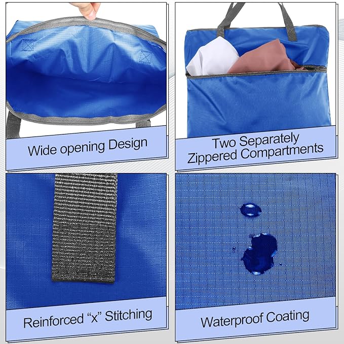 2 Pcs Travel Laundry Bags Waterproof with Handle Dirty Clothes Bag for Traveling Hanging Laundry Hamper with Two Zippered Pockets Washable Reusable for Sports Home Travel College Dorm (Blue, Gray)