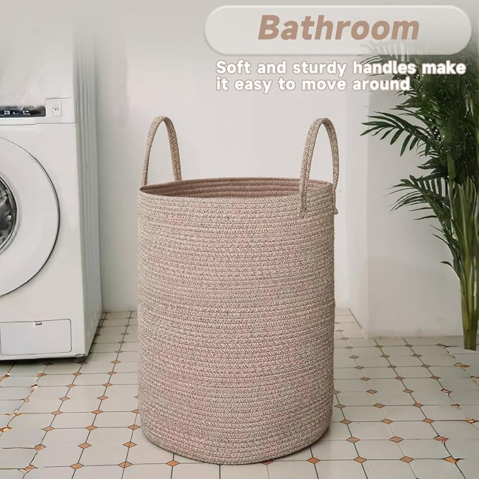Large Woven Laundry Basket Hamper, 60L Cotton Rope Storage Bin for Blankets, Toys, and Clothes, Decorative Tall Nursery Hamper for Living Room, Baby Nursery, Bathroom, and Bedroom, Oatmeal