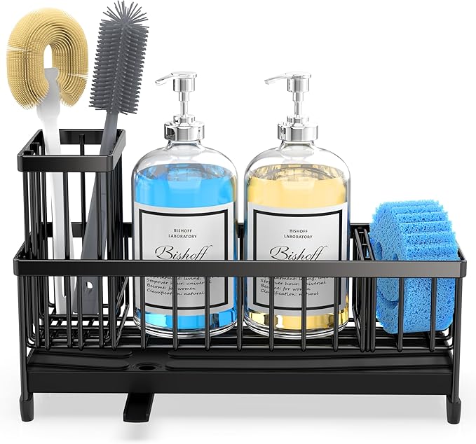Moforoco Extra Large Sponge Holder for Kitchen Sink Organizer Caddy, Dish Brush Scrubber Holder, Stainless Steel Sink Box Utensil Holder, Soap Dispenser Set Tray Counter Accessories & Storage Rack