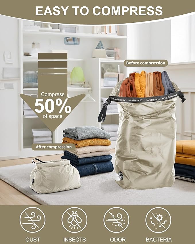 Travel Laundry Bag, Pump-Free Vacuum Storage Bag, Reusable Compression Dirty Clothes Travel Bag, Waterproof Wet Dry Bags, Large Capacity Space Saver Bags, Camp Clothes Organizer (1 Pc) (Gray, L)