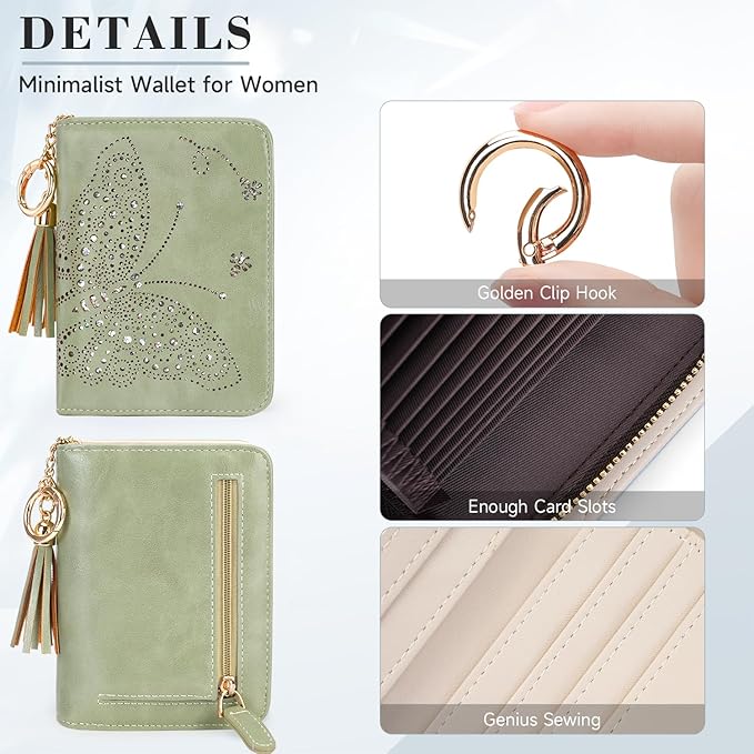 Women RFID Blocking Small Bifold Wallet, Compact Cash Clutch with Zipper Coin Pocket, Glittery Butterfly Design, Credit Card Holder, Travel Purse with Tassel GREEN
