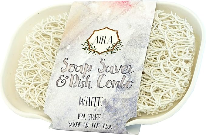 Aira Soap Saver - Dish & Holder Accessory - USA Made - BPA Free Shower & Bath Holder - Drains Water, Circulates Air, Extends Soap Life - Fits All Dish Sets - White Combo