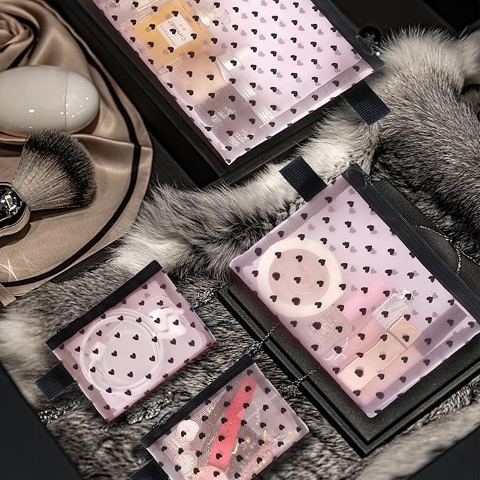 4-Piece Heart Printed Mesh Makeup Bag Set, Portable Travel Mesh Cosmetic Bags Toiletry Bags Makeup Purse Bags, Zipper Storage Pouches for Home Offices Travel Accessories (Pink)