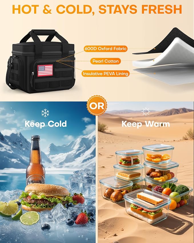 HOTOR Lunch Box for Men & Women - Insulated Lunch Bag with Multiple Pockets, Tactical Cooler Bag for Work, Hiking, Camping, Fishing, Travel, Black, 11.0" x 8.3" x 7.1"