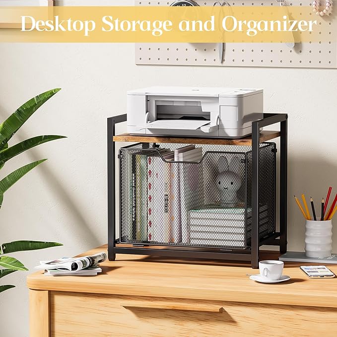 JKsmart Printer Stand with Sliding Drawer, Under Desk File Cabinet with Caster Wheels,Rolling File Cart, 2 Tier Industrial Storage Shelf, Sofa Side Table Organizer for Home, Office, Brown