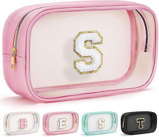 YOOLIFE Initial Birthday Gifts for Girls Kids Clear Makeup Bag Preppy Cosmetic Bags Organizer Travel Essentials Pink Gifts for Girls Teen Girlfriend Teacher Kids Birthday Gift Preppy Stuff M