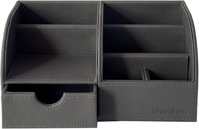 UnionBasic Desk Organizer, Multi-functional Leather Desktop Office Organizer, Pen Holder - Business Card/Pen/Pencil/Mobile Phone/Stationery Holder Storage Box, Taiga Dark Grey