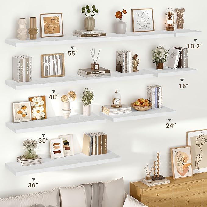 Vivelove 10 Deep Floating Shelves for Wall, 55" x 10.2" x 1.5" Shelves for Room Wall Mounted, 1.5 Inch Thick Shelf for Bathroom Bedroom Kitchen Book Room, Modern Farmhouse Decor, Set of 2, White