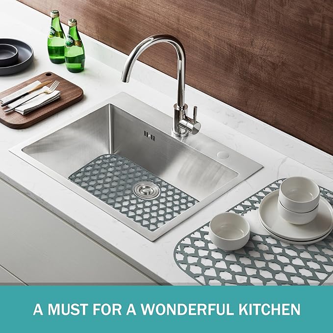 Sink Protectors for Kitchen Sink, Kitchen Sink Accessory - Silicone Mats Grid for Stainless Steel Strainer Bottom of Farmhouse Porcelain sinks (22”x13”, Rear Drain)