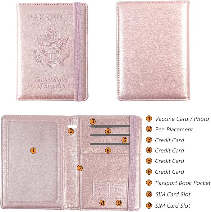 Eoehro Passport and Vaccine Card Holder, Passport Holder Vaccine Card Slot, Passport Wallet, Passport Cover, Passport Case, Passport Holder for Airplane Travel Essentials (E-Elastic band Rose gold)