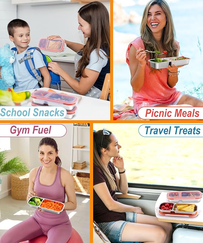 KTKUDY 3 Pack Stainless Steel Snack Containers for Kids & Adults - Leak-Proof 2-Compartment Stackable Snack Lunch Boxes for Daycare, School, Work & Travel
