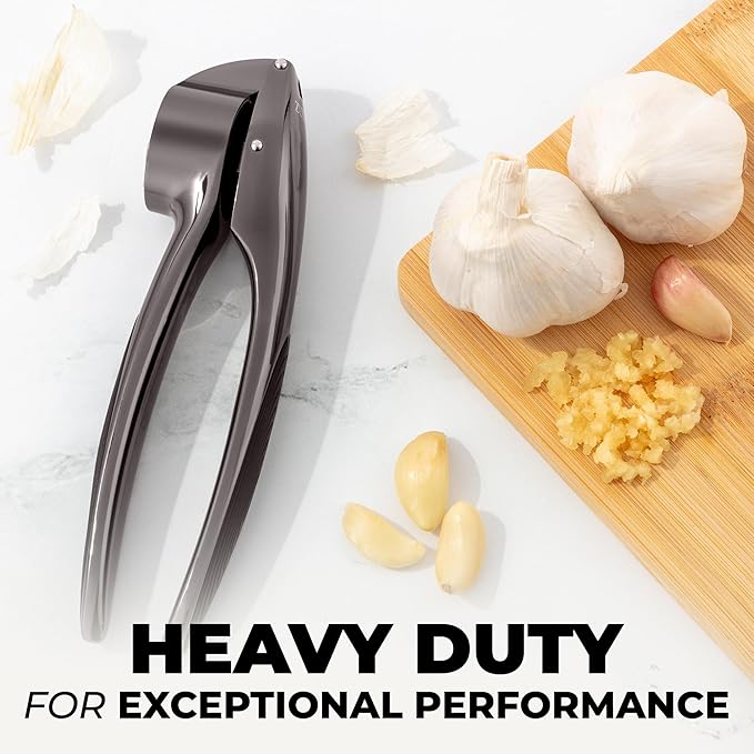 Zulay Kitchen Premium Garlic Press Set – Rust Proof & Dishwasher Safe Garlic Mincer Tool with Silicone Garlic Peeler & Brush, Easy Squeeze & Clean, Ergonomic Soft Grip Handle - Medium – Dark Gray
