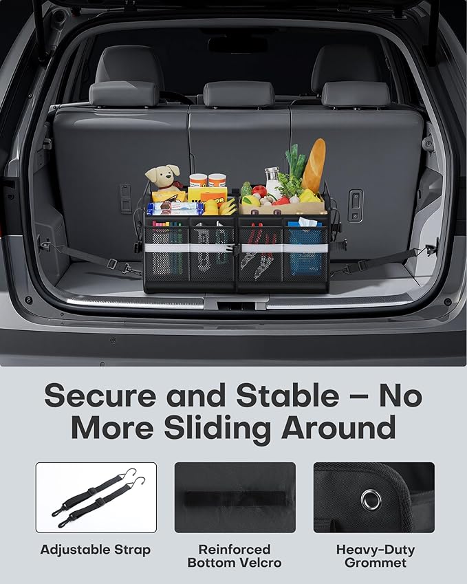 HOTOR Trunk Organizer for SUV – Car Storage Box with Reflective Strips, Collapsible Car Organizer with Large Capacity, Essential Car Accessories for Truck, Van & Sedan, Black, 22.1" x 13.0" x 12.0"