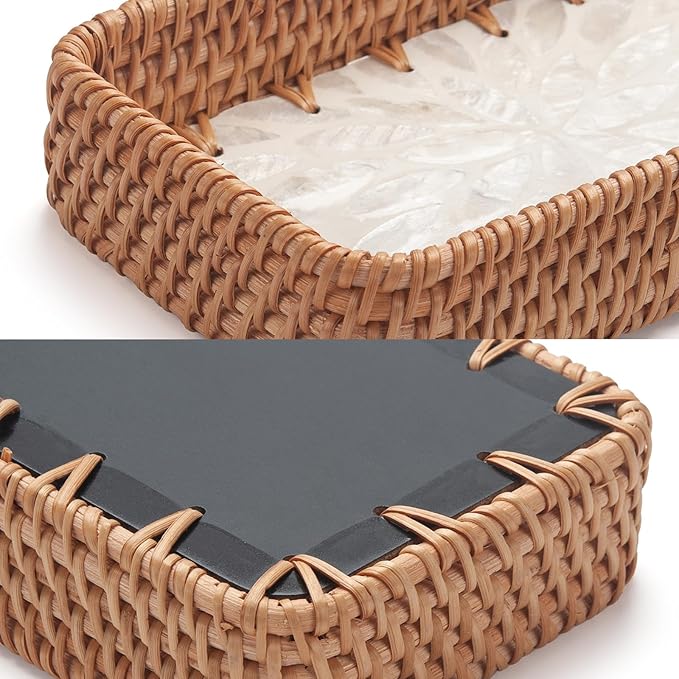 YANGQIHOME Jewelry Tray, Rattan Jewelry Organizer with White Leaf Base – Decorative Jewelry Organizer Dish for Rings, Watches, Keys – Ideal for Bedroom, Living Room, Entryway, Natural