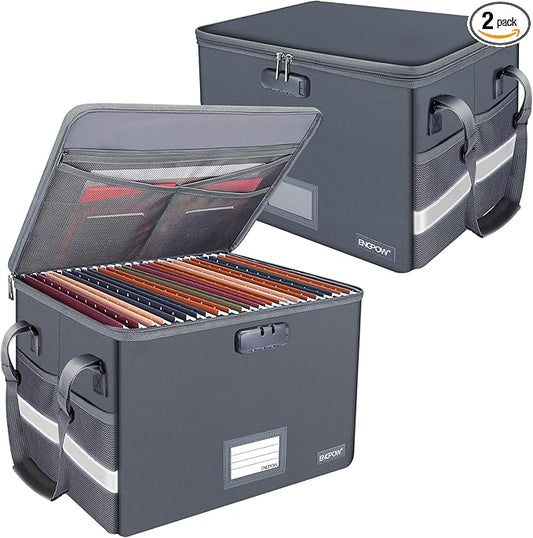 ENGPOW File Box with Lock, Fireproof Document Box with Pockets, Collapsible File Organizer Filing Storage Cabinet with Handle, Portable Home Office Safe for Hanging Letter/Legal Folders, Gray, 2 Pack