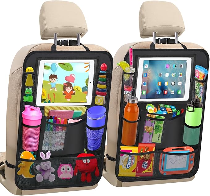 2 Pack Car Backseat Organizer, Car Seat Organizer Kick Mats Back Seat Protector with 11" Tablet Holder, Car Storage Organizer for Kids,10 Storage Pockets Travel Accessories