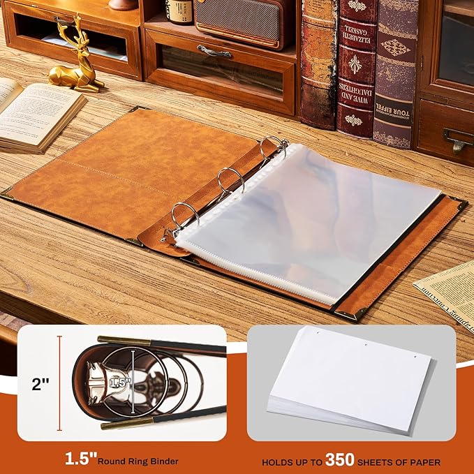 Ovesmusl PU Leather 3 Ring Binder Fits 8.5"x11" Letter Size Paper, 1.5 Inch Round Ring Binder Holds 350 Sheets, Notepad Paper Cover Loose Leaf Organizer, Brown Sun