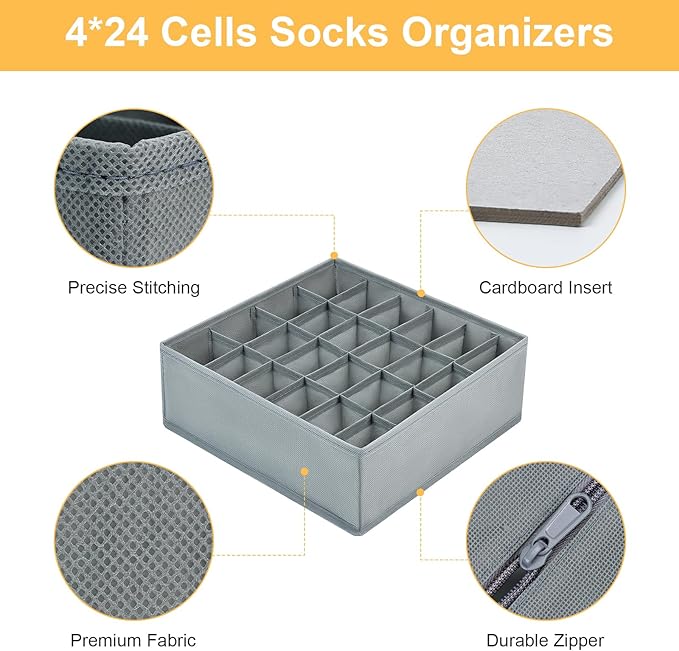 Joyoldelf Sock Drawer Organizer Divider Underwear Organizer 24-cell Fabric Dresser Drawer Organizers Storage Boxes for Socks Lingerie, Handkerchiefs, Ties 4 Pack (Grey)