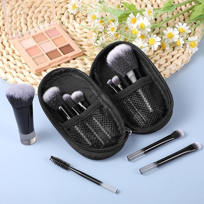 10 Pcs Mini Travel Makeup Brush Set With Pouch Black Portable Travel Size Makeup Brushes Professional Cosmetic Brush Travel Essentials kits for Brush Blush Powder Eye Shadow Women Girls
