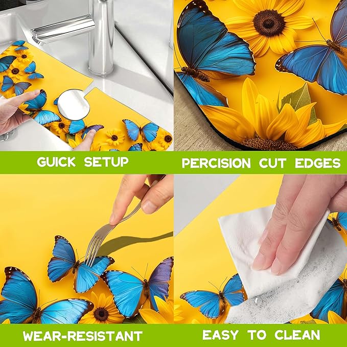 Kitchen Sink Splash Sunflowers and Blue Butterflies Guard Faucet Mat, Super Absorbent Fast Drying Mat Guard Behind Faucet Drip Catcher for Kitchen Bathroom, 15.5"X5.5"