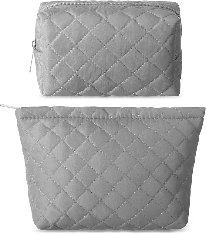 2 Pcs Pencil Case Quilted Makeup Bag Aesthetic Cosmetic Pouch for Women Puffer Travel Toiletry Bag Set Cotton Small Purse Pouch Makeup Organizer with Zipper(Gray)