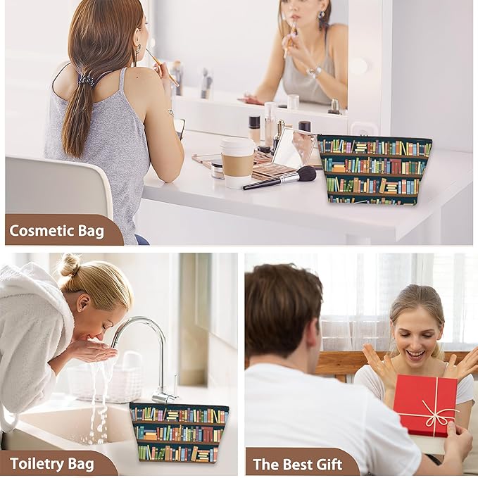 Vintage Bookshelves Makeup Bag Travel Cosmetic Bag for Women,Library Books Small Make up Pouch Travel Bags for Toiletries Aesthetic Accessories Waterproof Gifts