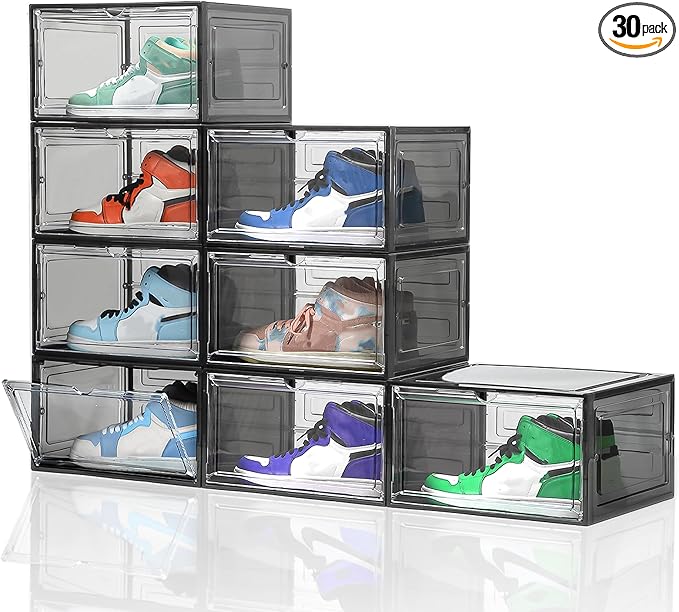 Attelite Shoe Box, Upgraded Large Clear Shoe Storage Box Stackable, 8 Pack Thicken Plastic Shoe Containers, Drop Front Large Magnetic Door, Shoe Storage Organizer for Display Sneakers