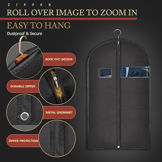40-inch Garment Bags for Travel, Garment Bags for Hanging Clothes with Zipper and Visible Transparent Window, 2 Pack, Black