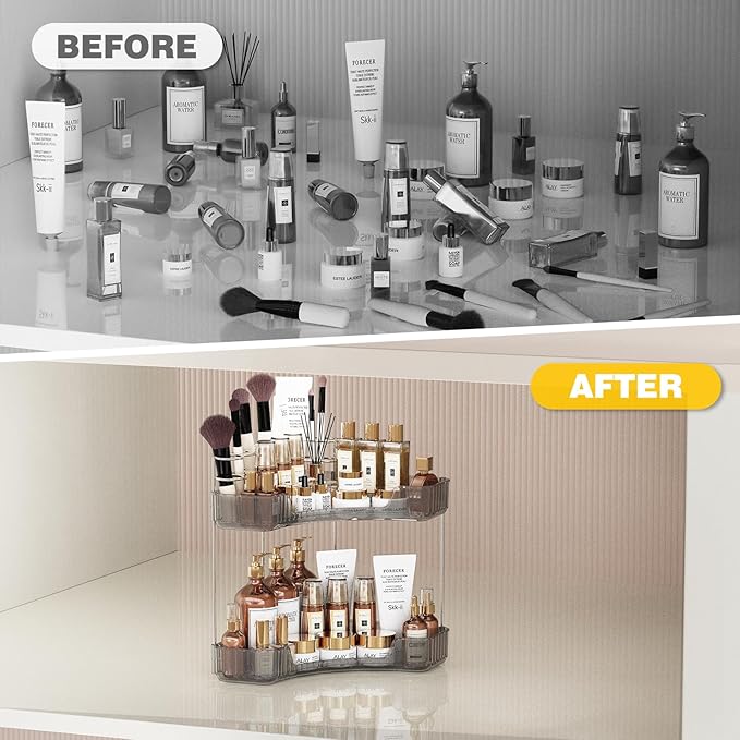 2-Tier Corner Bathroom Counter Organizer with Top Toothbrush Holders,Large Makeup Organizer Countertop with Brush Holder,Skincare Organizers Corner,Exquisite Vanity Organizer (Gray, 2 Tier)