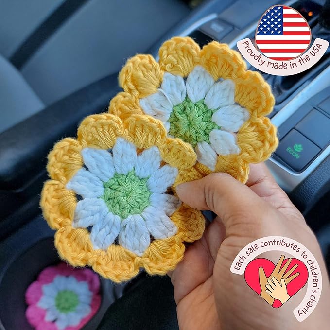 Cotton Car Coasters 2pc Car Cup Coasters Cute car Accessories for Women car Coaster for Cup Holders (Golden Daisy)