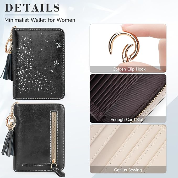 Women RFID Blocking Small Bifold Wallet, Compact Cash Clutch with Zipper Coin Pocket, Glittery Butterfly Design, Credit Card Holder, Travel Purse with Tassel BLACK