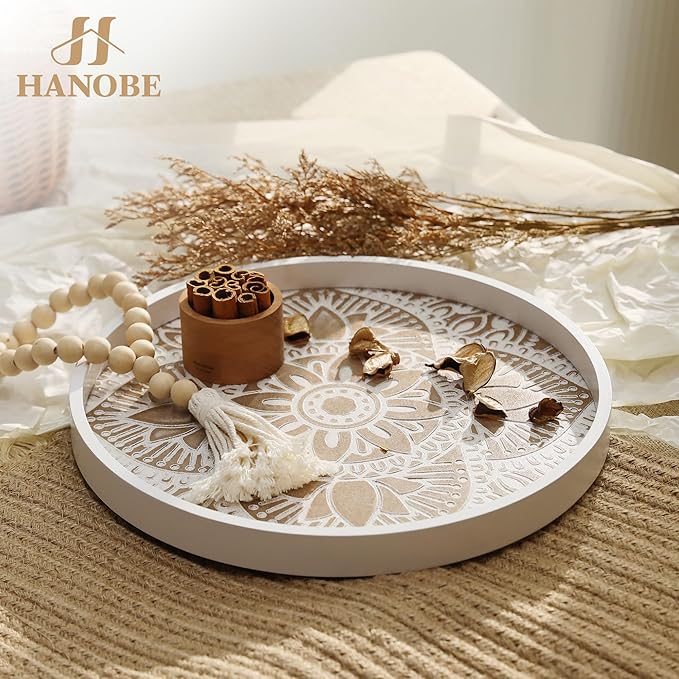 Hanobe Decorative Serving Tray Round: 2Pcs Farmhouse Coffee Table Decor with White Boho Bead Garland - Mandala Trays for Living Room Kitchen Centerpiece Display