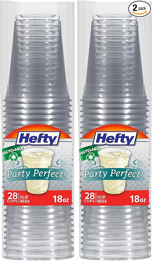Hefty Party Perfect Clear Plastic Cups, Large Clear Party Cups for Easy Cleanup and Large Gatherings, Recyclable, 18 Ounce, 28 Count (Pack of 2)