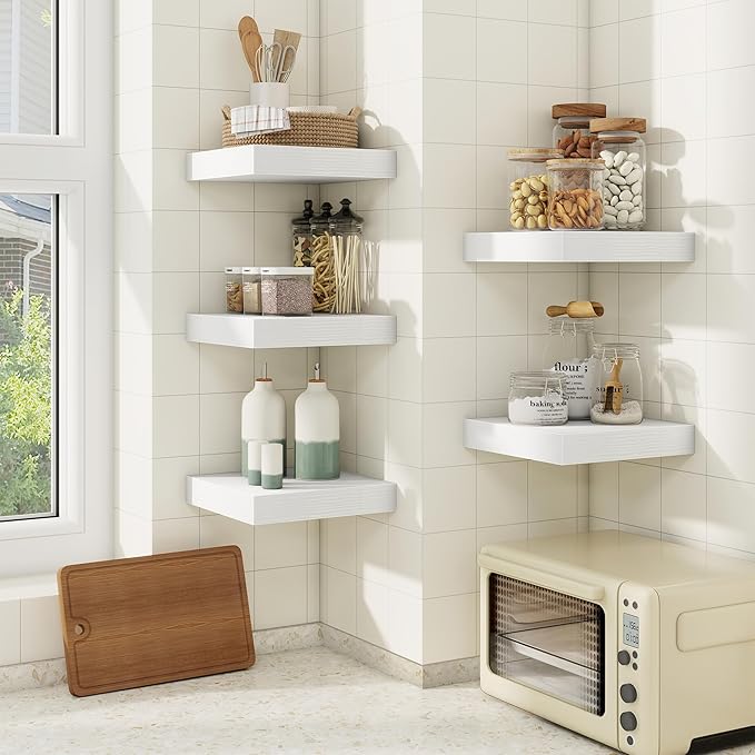 fuqing Floating Shelves for Wall, Wall Mounted Wood Floating Shelf with Invisible Brackets for Living Room, Bathroom, Bedroom, Kitchen Storage and Decor, 6.5 Inch Set of 3, White