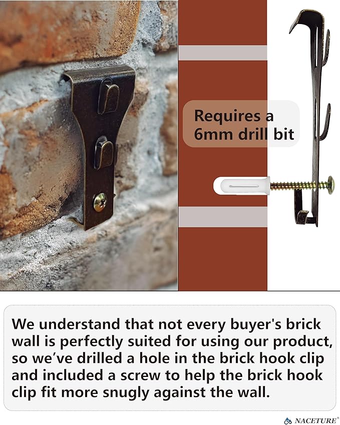 NACETURE Brick Hook Clips, 18-Pack — for Bricks 2-1/4”–2-2/5” Only, Requires ≥1/8” Recessed Mortar Gap — No-Drill Metal Brick Wall Hangers — for Seasonal & Everyday Wall Décor