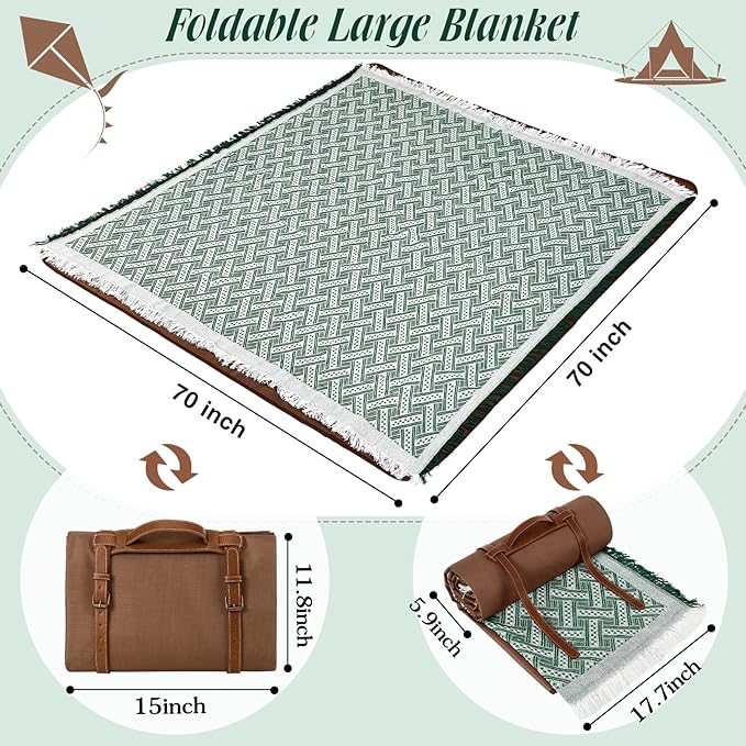 VitalCozy Waterproof Picnic Blankets Outdoor Blanket Foldable 2-in-1 Double Layer Sandproof Beach Mat with Carry Strap for Camping Lawn Park Beach Grass (Green White)