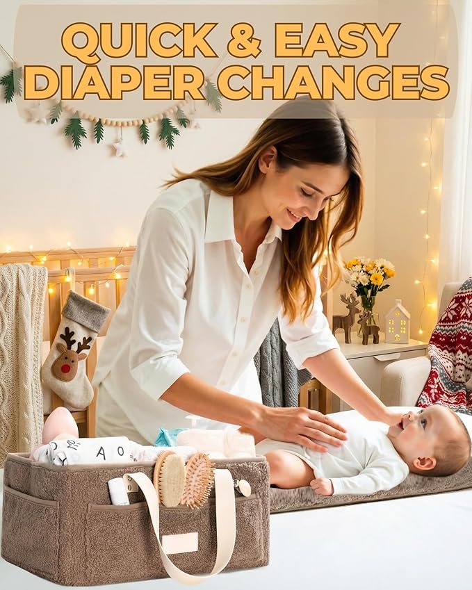 Baby Diaper Caddy Organizer with Portable Changing Mat - Teddy Fleece Diaper Organizer for Changing Table - Basket for Changing Essentials - Baby Essentials Organizer with Removable Dividers